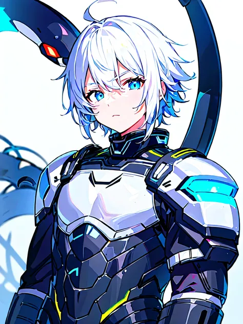 [(WHITE BACKGROUND:1.5),::5], ((masterpiece)), high quality, ultra very high resolution, full color, ((solo)), ((little younger boy)), Black cyborg armor, (ORCA armor), ((ORCA mechanical tail)), ((mens White hair)), (SkyBlue eyes), anime, ((upper body)), n...