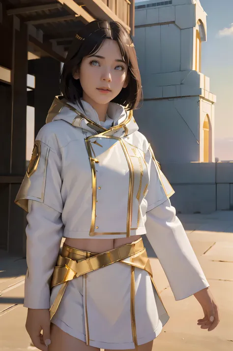 ((masterpiece, best quality, extremely detailed), volumetric lighting, ambient occlusion, colorful, glowing), 1girl, solo, young girl, (dark hair), long hair, ranger suit, hunter class dnd, cloak, (white outfit with gold detailst:1.3), armor, outdoors, sun...