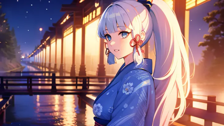 1girl, solo, long hair , looking at viewer, blue eyes, large breast, beautiful face, beautiful eyes, kimono , white hair, ponytail, parted lips, forest, at night, moon light from behind, standing on a wooden bridge, standing