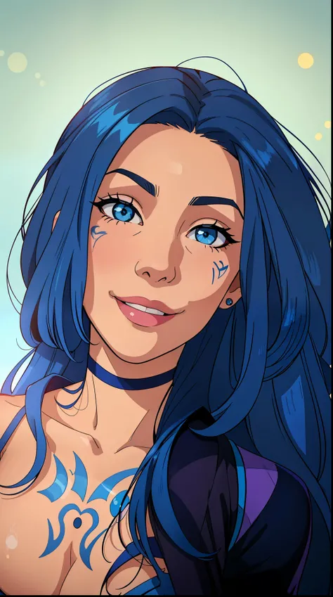 a close up of a woman with a tattoo on her chest, with long hair and piercing eyes, pretty girl with blue hair, with blue hair, dark blue long hair, dark blue hair, beautiful blue haired girl, beautiful woman with blue hair, 1 7 - year - old goth girl, gir...