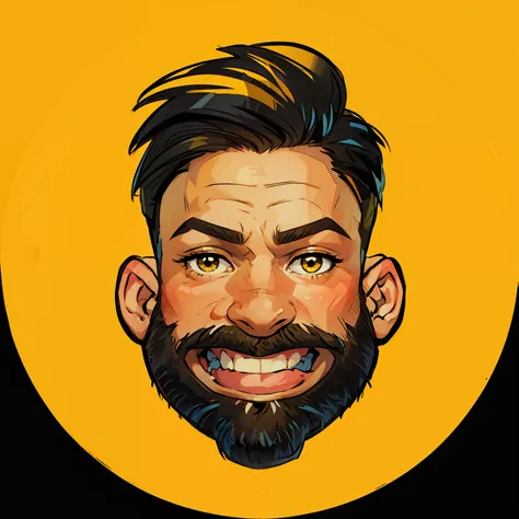 man,  cartoon style,  yellow background, black hair and beard.