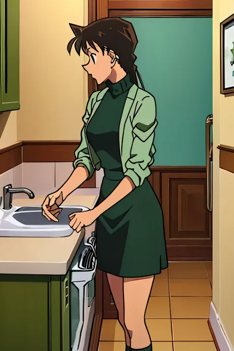 {{{mouri ran}}},{{{detective conan}}},{{{long hair}}},{{{official style}}},{{{adult}}},green dress,one-piece dress,turtleneck,gr...