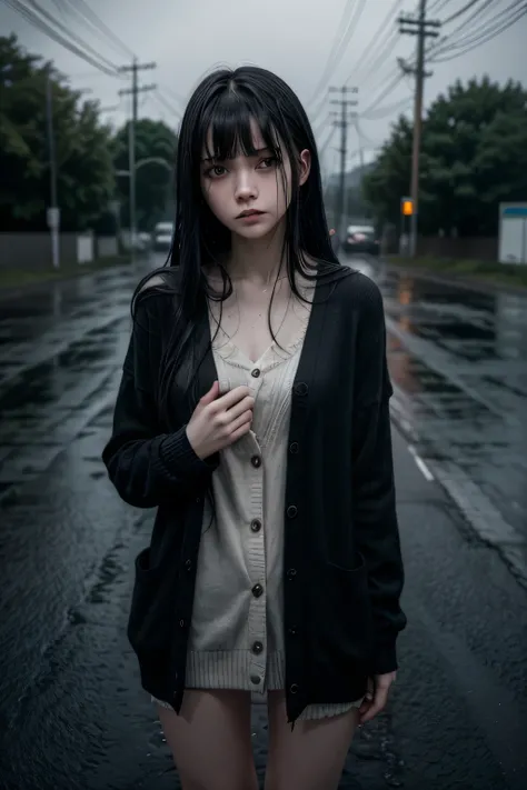  girl in her late teens standing alone on a wet road  , Pale skin,  standing alone on a wet street ,  wearing a black cardigan ,  long black hair with bangs ,  sad expression ,  crying, Dark and rainy atmosphere , Photographically,  high definition,  cinem...