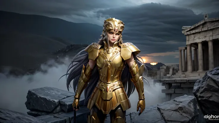 Gemini Armor, gold armor,1girl, armor, Dramatic skies, looking at the audience, armor, Shut up, Upper Body, Serious, helmet, On the Greek temple bridge, whole body.  boots,Solo, Smile, Red Eyes, White long Hair, High Resolution, Masterpiece, High Details, ...