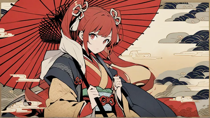 Girl red eyes red hair drill twintails ukiyo-e Japanese umbrella