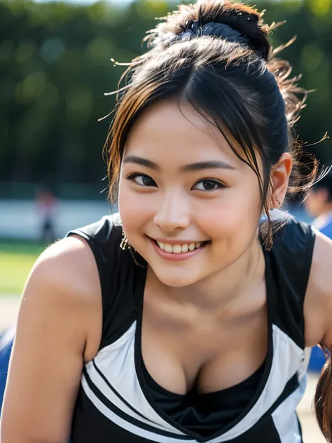 （8k、Raw photography、Best Quality、masterpiece：1.2),(Black Hair、Dark Eyes:1.9),(basketball uniform:1.5)、 viewers,Front View,(:1.4)、(Tight waist:1.6)、(Clothes that accentuate the shape of the breasts:1.8)、(Big Breasts :1.9)、 Slim Body 、 ultra high resolution,...