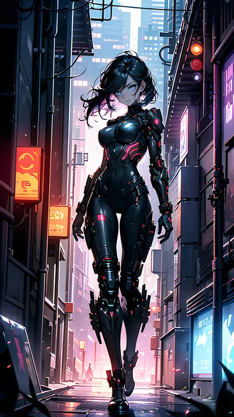 “Iris is a sleek, cybernetically enhanced assassin, standing in the shadows of a dark, futuristic city. Her body is covered in advanced cybernetic enhancements, including glowing red lines that pulse faintly beneath her skin. She has short, black hair and ...