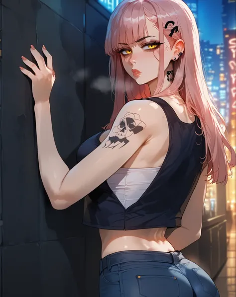 score_9, score_8_up, score_7_up, score_9, score_8_up, score_7_up, artist: nyong_nyong, source_anime, looking at viewer, solo focus, dutch angle, highres, young woman, female, feminine, nose ring, ear piercings, amber cyberoptics, black eyebrows, white unru...