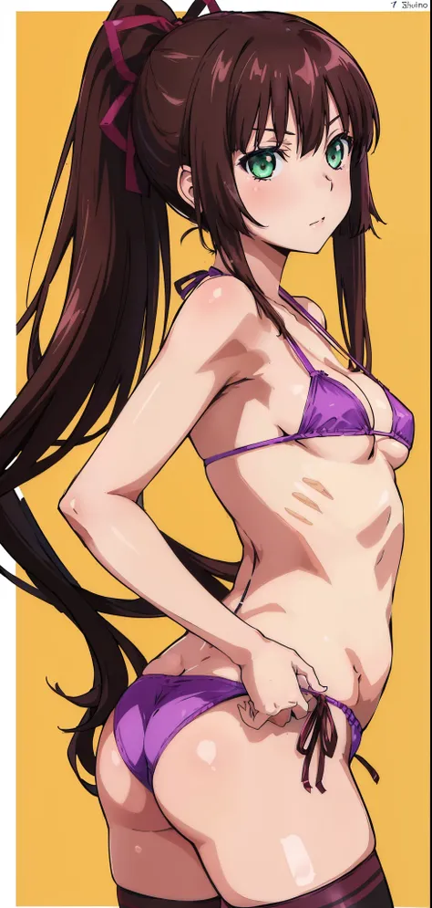 masterpiece, best quality,1girl,solo,kirasaka sayaka,brown hair,long hair,ponytail, hair ribbon, green eyes,,purple thighhighs, wariza, (bikini). Manga panels. MangaHentaiStyleConceptv2, from side 