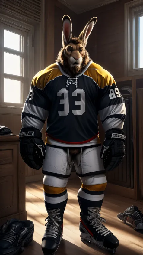 ((solo)), 1boy, (anthro, big rabbit, after game:1.16), (photographic rendering, hyperrealistic textures:1.55), transmasc, massive hockey player, (manliest rabbit, hyper muscles, ultradetailed skin:1.25), (Presenting vagina, rabbit jock, in a dorm room), de...