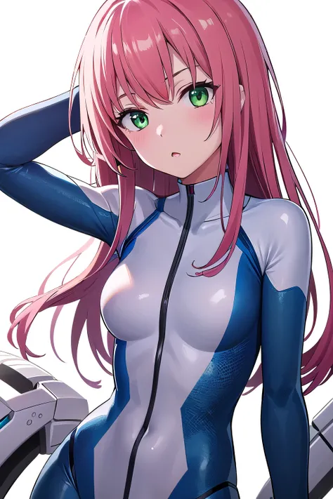 1girl,Samus aran,solo,green eyes, pink hair, forehead   hair, white zero suit,white body suit,purple stripes,cowboy shot,blush,,Science fiction,ultra-detailed,sharp focus,aesthetic,(best quality), white background, glossy