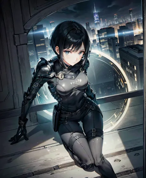  best quality ， T Masterpiece，Ultimate resolution，１８Old female fighter， slender、 very slim、 small face、cute、（ Kneeling Pose ），Super Short Hair，((Solid black tight combat uniform with a black enamel finish:1.0))，Black Hair、Peace talks between warring factio...