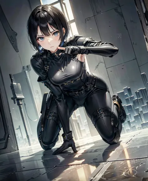  best quality ， T Masterpiece，Ultimate resolution，１８Old female fighter， slender、 very slim、 small face、cute、（ Kneeling Pose ），Super Short Hair，((Solid black tight combat uniform with a black enamel finish:1.0))，Black Hair、Peace talks between warring factio...