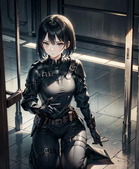  best quality ， T Masterpiece，Ultimate resolution，１８Old female fighter， slender、 very slim、 small face、cute、（ Kneeling Pose ），Super Short Hair，((Solid black tight combat uniform with a black enamel finish:1.0))，Black Hair、Peace talks between warring factio...