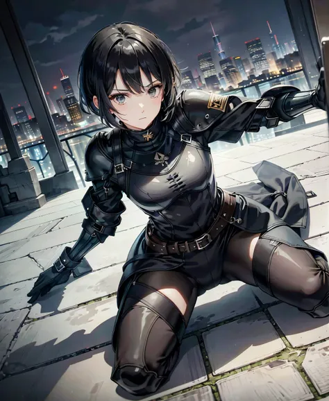  best quality ， T Masterpiece，Ultimate resolution，１８Old female fighter， slender、 very slim、 small face、cute、（ Kneeling Pose ），Super Short Hair，((Solid black tight combat uniform with a black enamel finish:1.0))，Black Hair、Peace talks between warring factio...