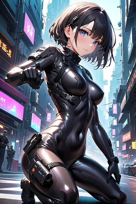 masterpiece, best quality, best quality,Very  Details,8k,wallpaper, A Japanese woman , small face, Extremely Fitted Black Enamel Shiny Tactical Bodysuit, tactical headset, tactical holster , Tactical Gloves , Breaking Serious, short hair , black hair,cute,...