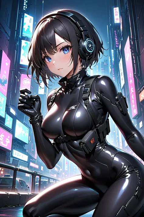 masterpiece, best quality, best quality,Very  Details,8k,wallpaper, A Japanese woman , small face, Extremely Fitted Black Enamel Shiny Tactical Bodysuit, tactical headset, tactical holster , Tactical Gloves , Breaking Serious, short hair , black hair,cute,...