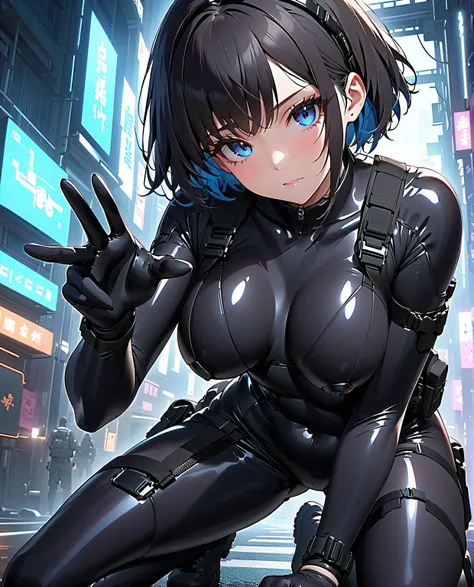 masterpiece, best quality, best quality,Very  Details,8k,wallpaper, A Japanese woman , small face, Extremely Fitted Black Enamel Shiny Tactical Bodysuit, tactical headset, tactical holster , Tactical Gloves , Breaking Serious, short hair , black hair,cute,...