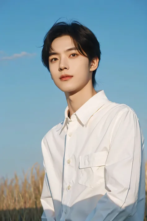 nansheng,1 boy,alone,male focus,sky空,Outdoor activities,sky,actual,shirt,Grass,Upper body,white shirt,Keep your mouth shut,(best shadow),complex, bright, Lens distortion correction,(best shadow),complex, bright, Lens distortion correction polera con marcas...