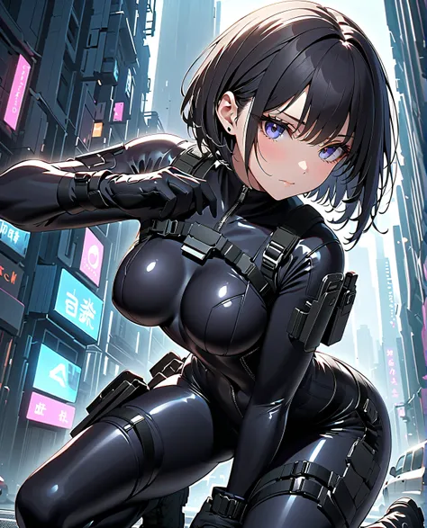 masterpiece, best quality, best quality,Very  Details,8k,wallpaper, A Japanese woman , small face, Extremely Fitted Black Enamel Shiny Tactical Bodysuit, tactical headset, tactical holster , Tactical Gloves ,  boots,Breaking Serious, short hair , black hai...