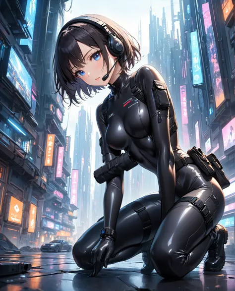 masterpiece, best quality, best quality,Very  Details,8k,wallpaper, A Japanese woman , small face, Extremely Fitted Black Enamel Shiny Tactical Bodysuit, tactical headset, tactical holster , Tactical Gloves ,  boots,Breaking Serious, short hair , black hai...