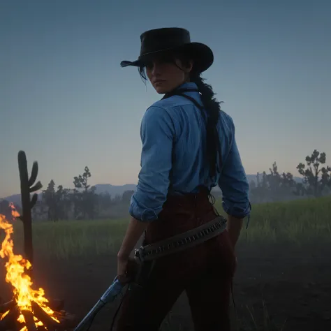 cinematic film still of cinematic film still of   cowgirl and a tie standing in front of a fire,solo,shirt,black hair,long sleev...