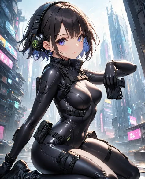 masterpiece, best quality, best quality,Very  Details,8k,wallpaper, A Japanese woman , small face, Extremely Fitted Black Enamel Shiny Tactical Bodysuit, tactical headset, tactical holster , Tactical Gloves ,  boots,Breaking Serious, short hair , black hai...