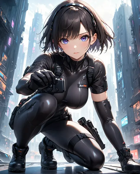 masterpiece, best quality, best quality,Very  Details,8k,wallpaper, A Japanese woman , small face, Extremely Fitted Black Enamel Shiny Tactical Bodysuit, tactical headset, tactical holster , Tactical Gloves ,  boots,Breaking Serious, short hair , black hai...