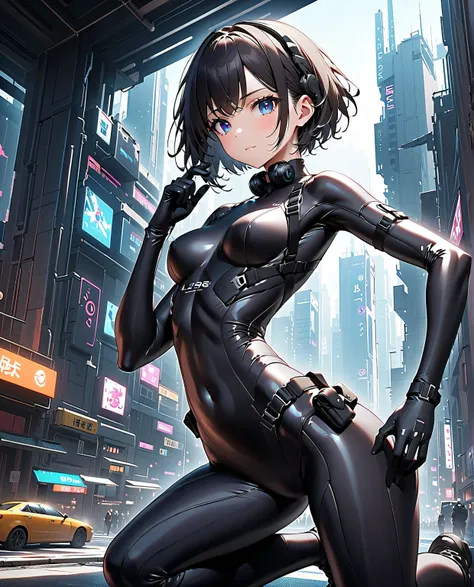 masterpiece, best quality, best quality,Very  Details,8k,wallpaper, A Japanese woman , small face, Extremely Fitted Black Enamel Shiny Tactical Bodysuit, tactical headset, tactical holster , Tactical Gloves ,  boots,Breaking Serious, short hair , black hai...