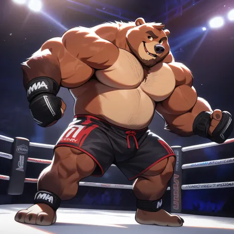 bara Kodiak bear, strong physique, perfect anatomy, masterpiece, brown mustache and beard, wrinkles huge brown fur, solo, added eyes with brown pupils, great lighting, black MMA shorts with red slits, MMA fingerless gloves with red kuckle pads, ankle suppo...