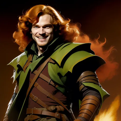 young man, hes alone, red hair, long hair, hes seriou but smililing a little bit, look smart, look wise, dungeons & dragons, rogue, frank frazetta style