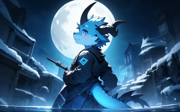 boy，Furry Dragon，Fish Tail，There are double horns on the top of the head，cute，Good figure，On the water，Turn your back，Turned to look at me， Handsome Eyes ， Holding a Double Knife with the Back Hand，night， Big Moon ，Blue Effects ，Blue Phalanx