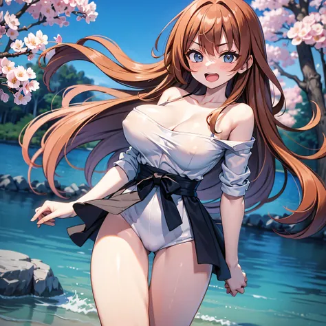 landscape, seaside, ocean in distance, blowing wind, fluttering cherry blossoms, BREAK, (solo), (1 skinny small girl standing alone), swaying back, arms behind back, (forced smile for viewer), open mouth. BREAK, (bouncing huge breasts:1.2), narrow shoulder...