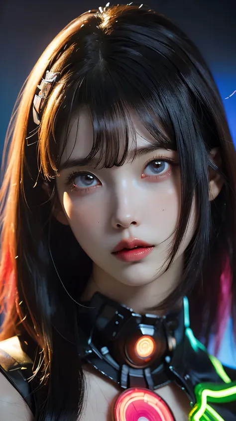 (masterpiece, highest quality, highest quality, Official Art, beautifully, aesthetic:1.2), Staring at the viewer, Portrait Photography, (Cyberpunk beautiful girl 1 person), Big iridescent eyes, Beautiful skin, (Pink and blue long hair with bangs), Very det...