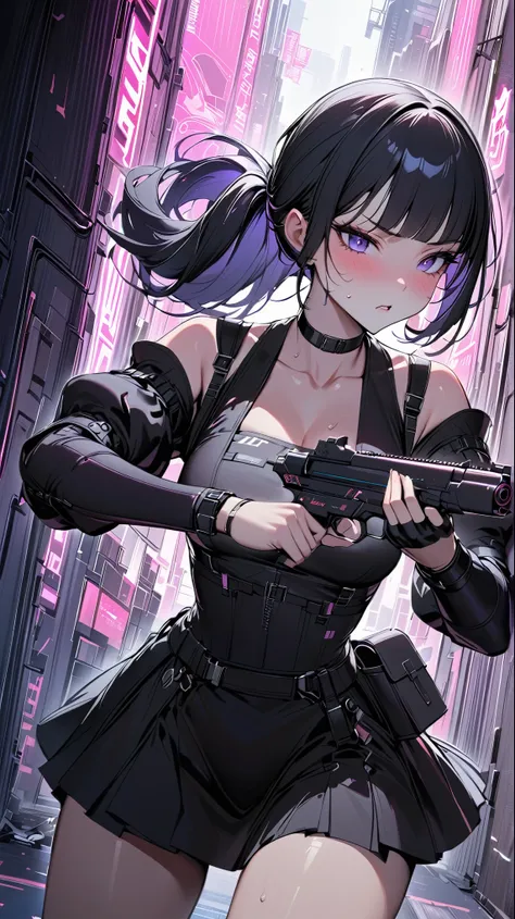 cowboy shot,1girl solo,action , ｛{{Black flared skirt with white apron:1.6}}}, shooting stance,Woman holding a small gun,small　taser gun,slim Female fighter ,maid outfit, collarbone, beautiful thighs．{{white puff sleeves:1.4}}, {{White short-sleeved puff-s...