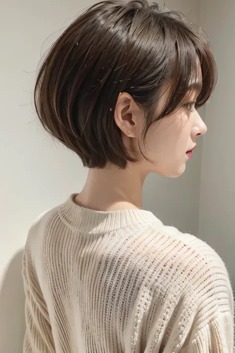 8k、 short bob、 bob hair、 back view、 back shot of one、Focus on hairstyles、White knit、 Long Sleeve 、In front of a white wall