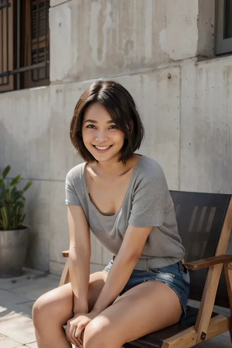 create Young Thai woman sitting on a gray wooden chair Her hair is dark brown, in short hair, smiling. lora model Flux