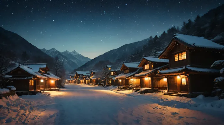 8k,masterpiece,Snowy winter scenery in Shirakawa-go, Japan. Its night but there are few lights and it has a solemn atmosphere.