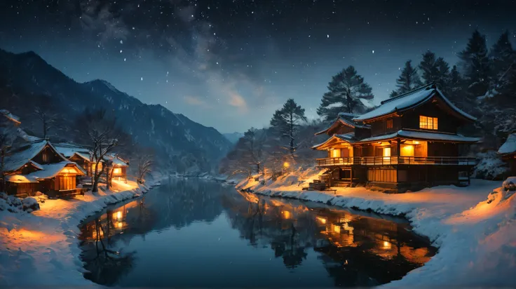 8k,masterpiece,Snowy winter scenery in Shirakawa-go, Japan. Its night but there are few lights and it has a solemn atmosphere.