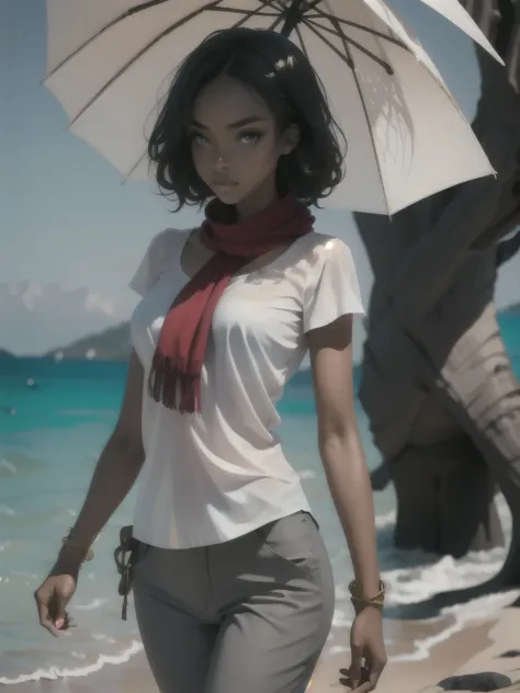 24 year old dark skinned woman、blue eyes、blonde、medium long curly hair、Accessorize your wrist、Scarf Tie Blouse((scarf tie blouse))、loose grey fashionable pants, short hair, at the sea side, sandals, umbrella, rain