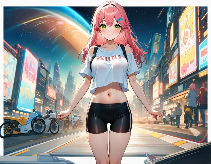 (8k、Best image quality、highest quality、masterpiece)、Detailed face、 1teen_girl、pink Hair、Long Hair、green_eyes、smile,(navel_peek)、(large_breasts),(White_short_T-shirt:1.5)、Off the shoulder、Black shoulder straps、(short_bike_shorts)、City Background, starry_sky...