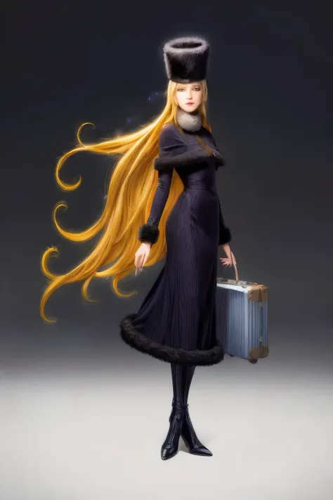 Material, Long Hair, Blonde,Fur trim, Black Hat, Fur has, dress,(Cowboy Shot:1.1), Yellow Eyes, (luggage:1.1), vapor (station:1.1),stationのプラットホーム,  night, Milky Way,999 highest quality, Very detailed, masterpiece, Absurd,8k,   (Fine grain, Deep Eyes),phot...