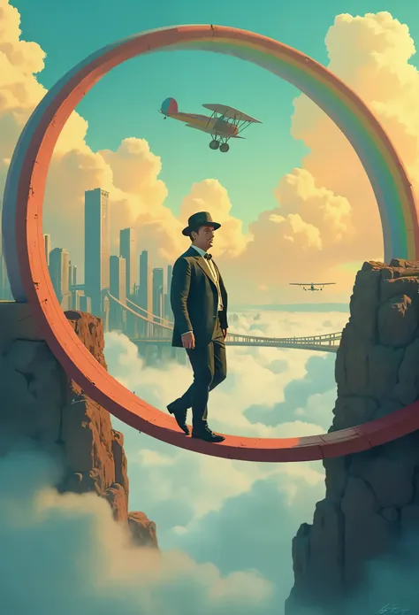 A ruthless man in a suit and hat walking on a bridge over a rainbow,  Beeple and Jean Girard , Cyril Rolland and M. W Karuta, Cyril Rolland and M.W Karuta,  beeple and tim hildebrandt , Cyril Rolland style,  magical realism matte painting,  Paul Rhea and B...