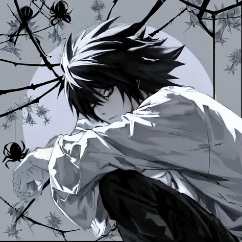 anime boy with black hair and white shirt sitting in front of a full moon, l · lawliet, death note, death note style, goth cross...