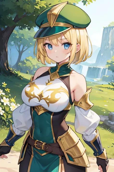 Girl,strong warrior with distinctive features, short blond hair,green hat,  wearing simple armor, yellow sleeves, beautiful blue eyes, large breasts, bare shoulders,