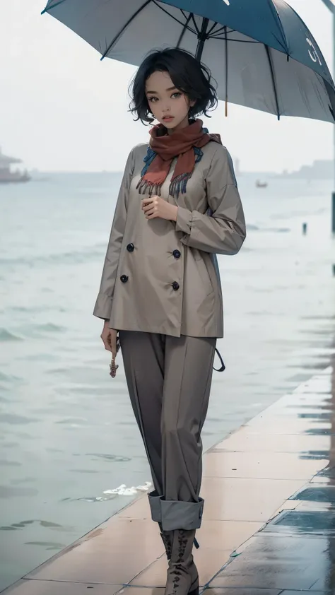 24 year old dark skinned woman、blue eyes、blonde、medium long curly hair、Accessorize your wrist、Colorful Scarf Tie Blouse((scarf tie blouse))、raincoat,loose grey fashionable pants, short hair, at the sea side, boots, umbrella, rain