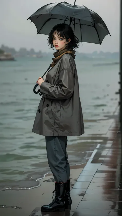 24 year old dark skinned woman、blue eyes、blonde、medium long curly hair、Accessorize your wrist、Colorful Scarf Tie Blouse((scarf tie blouse))、raincoat,loose grey fashionable pants, short hair, at the sea side, boots, umbrella, rain