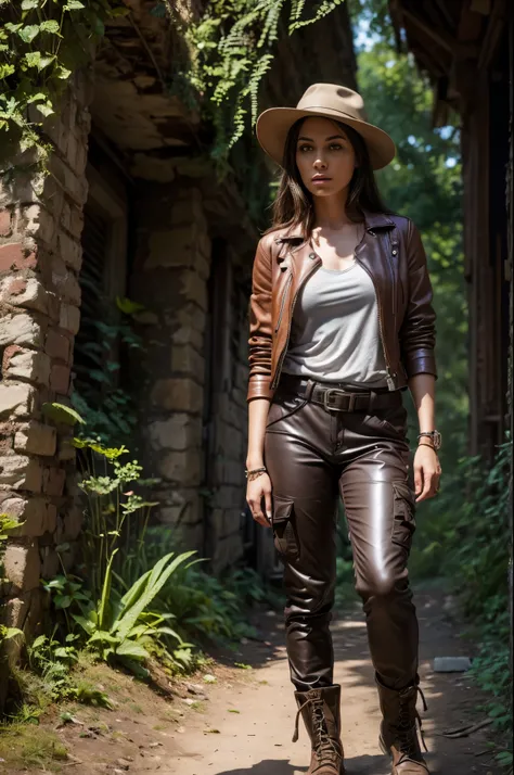 a female indiana jones, beautiful detailed eyes, beautiful detailed lips, extremely detailed eyes and face, long eyelashes, adventurer, archaeologist, leather jacket, cargo pants, hiking boots, fedora hat, exploring ancient ruins, treasure hunting, sunligh...