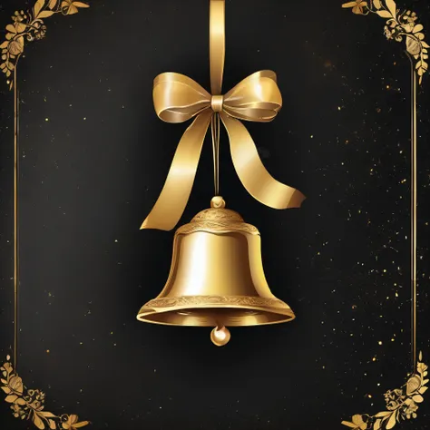 1 golden bell hanging with ribbon on vintage black background. Elegant and classic look