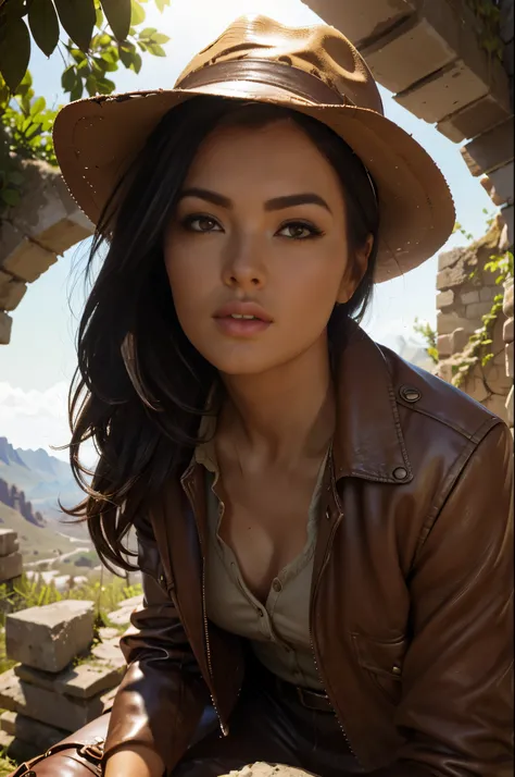 a female indiana jones, beautiful detailed eyes, beautiful detailed lips, extremely detailed eyes and face, long eyelashes, adventurer, archaeologist, leather jacket, cargo pants, hiking boots, fedora hat, exploring ancient ruins, treasure hunting, sunligh...